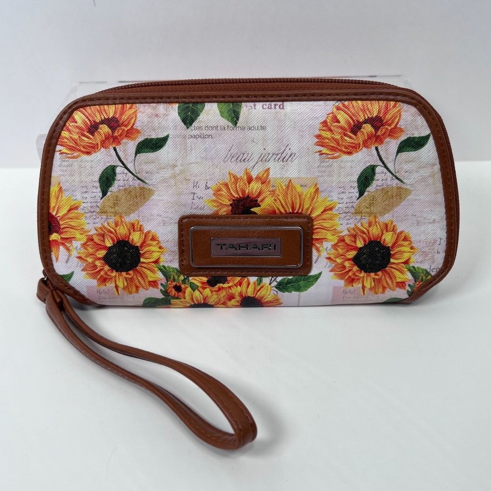 TAHARI Floral Zip-Around Clutch Wallet Wristlet Yellow Flowers Vinyl Wallet